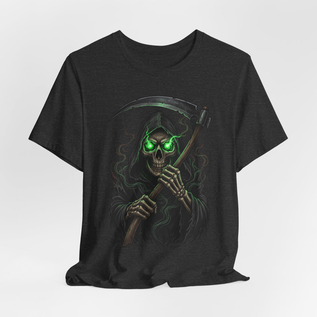 Dark grey heather t-shirt, skull holding scythe neon-green eyes print