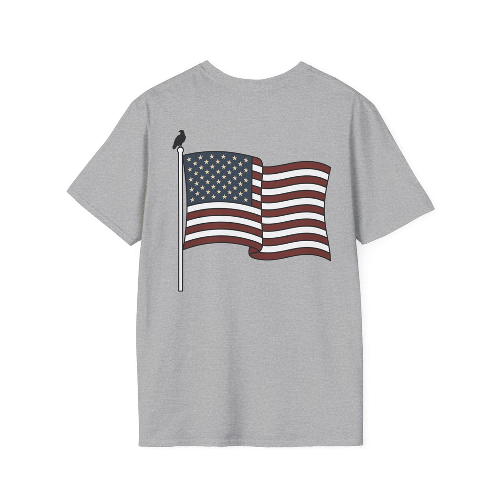 Light gray crewneck T-shirt with waving American flag graphic on front