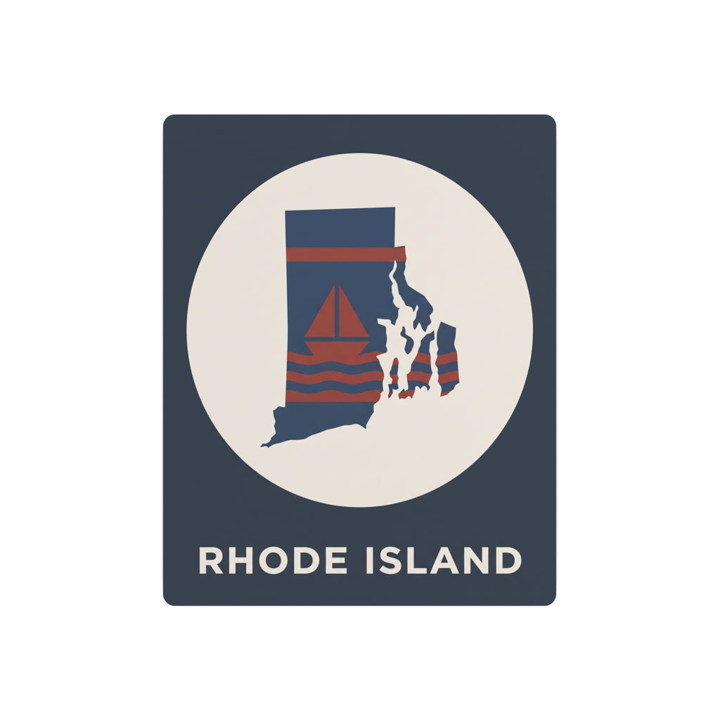 Rhode Island state map metal wall art sign with sailboat and striped ocean inside a white circle