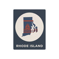 Rhode Island state map metal wall art sign with sailboat and striped ocean inside a white circle