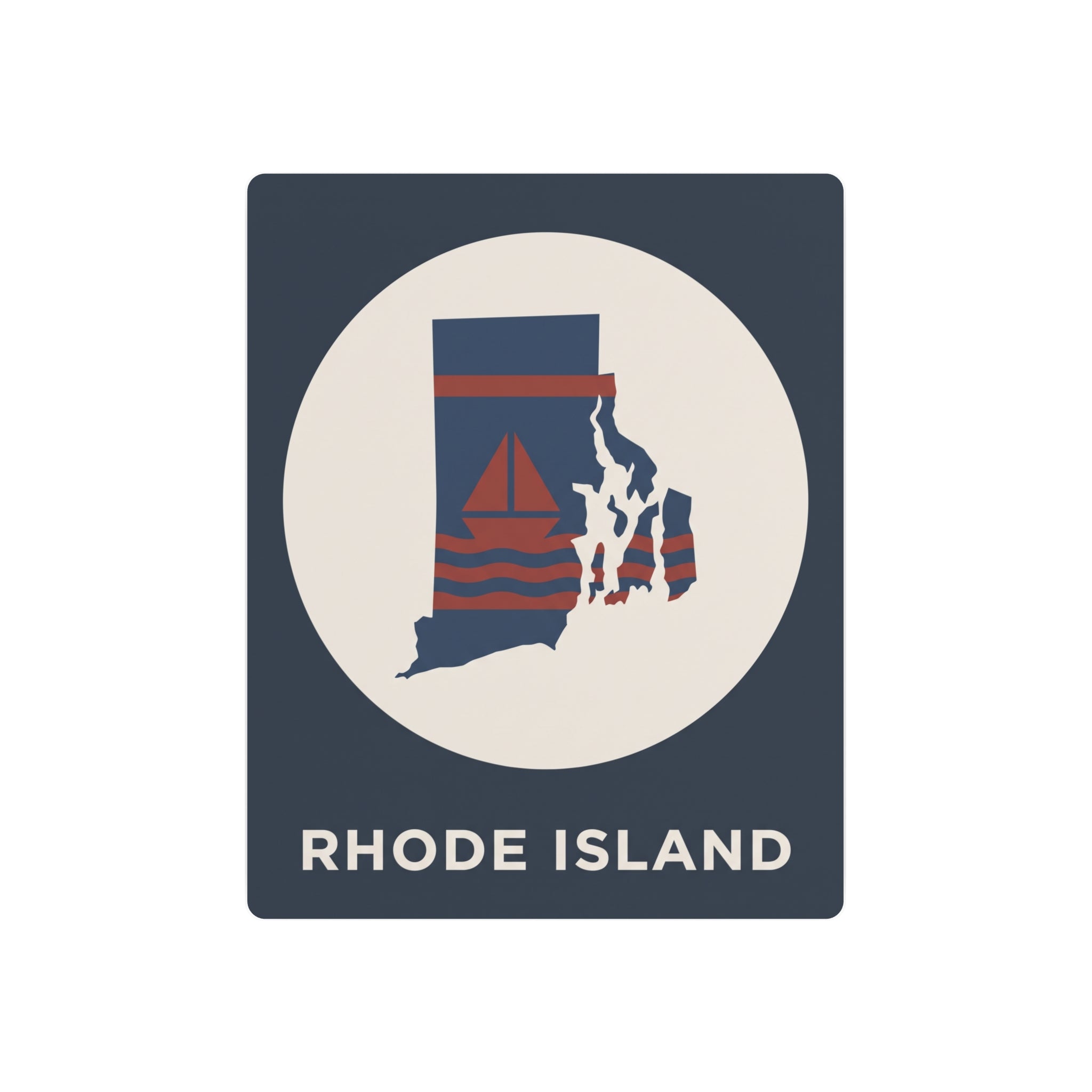 Rhode Island state map metal wall art sign with sailboat and striped ocean inside a white circle
