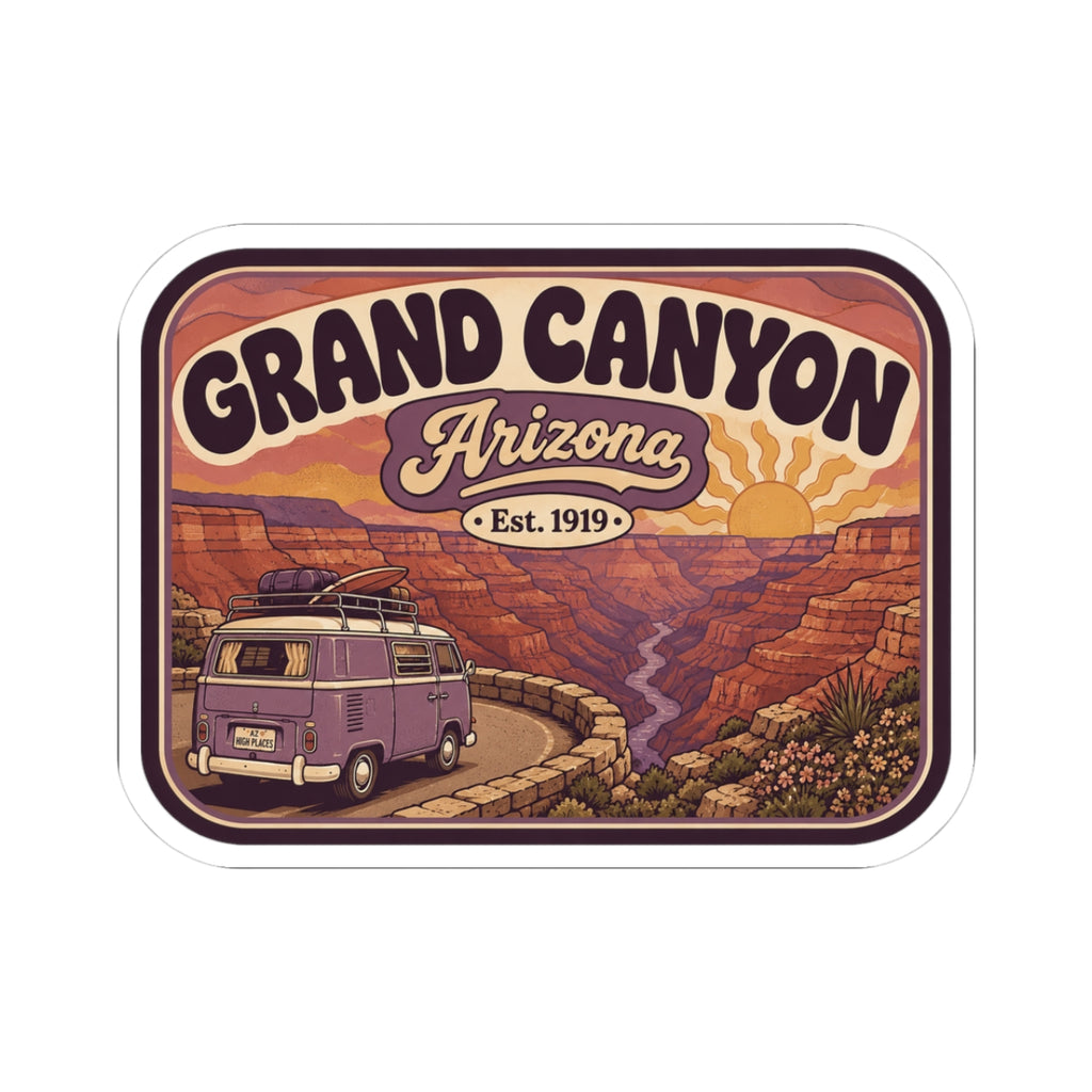 Grand Canyon travel sticker with purple camper van in canyon scene, "Arizona" and "Est. 1919"