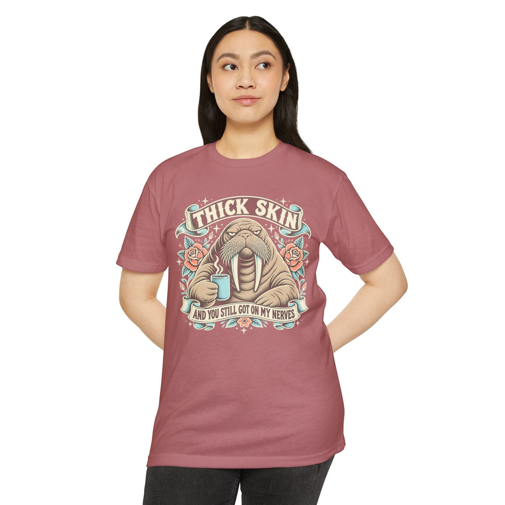 Rose-pink short-sleeve T-shirt with centered walrus coffee graphic on the front