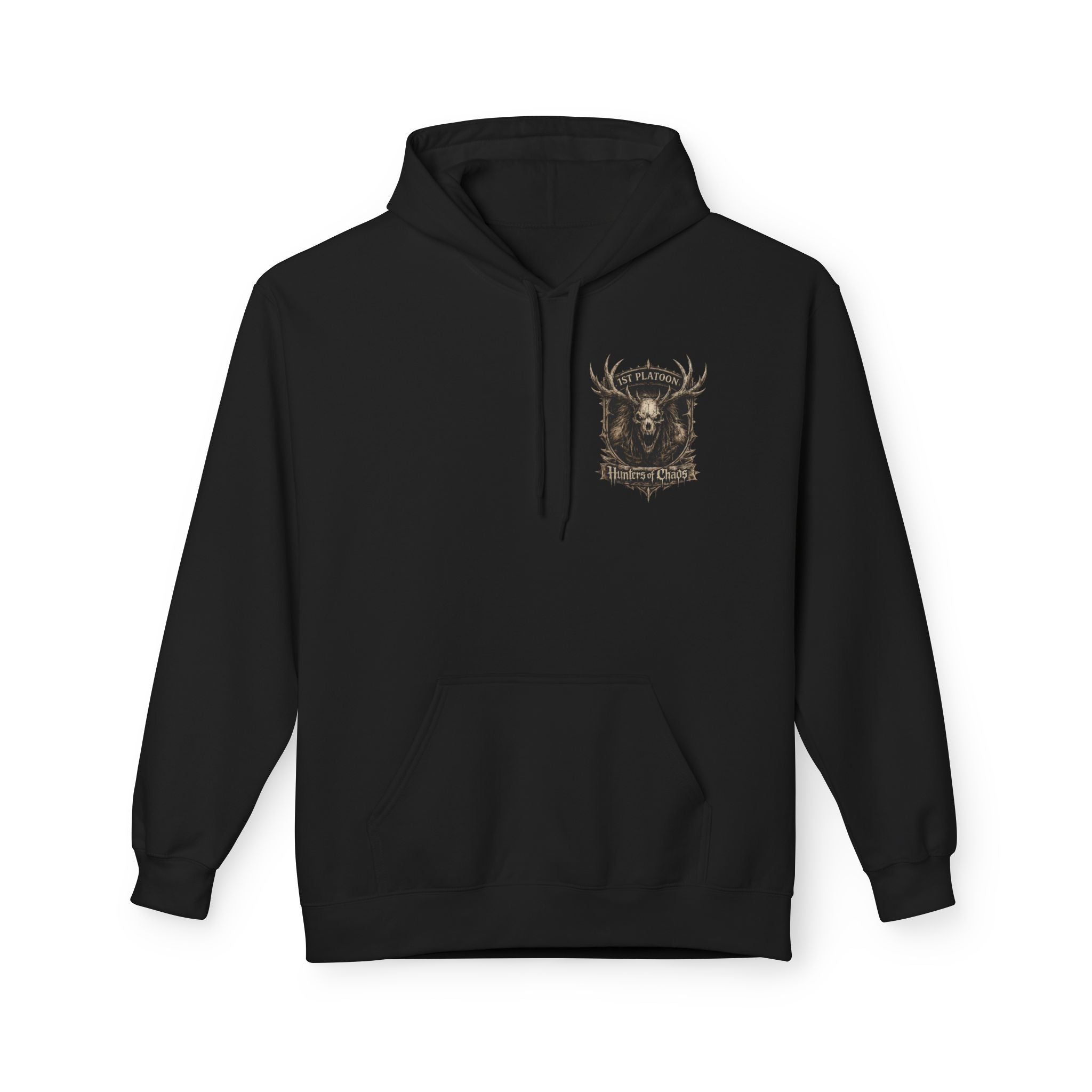 Black cotton hoodie with front logo print and kangaroo pocket
