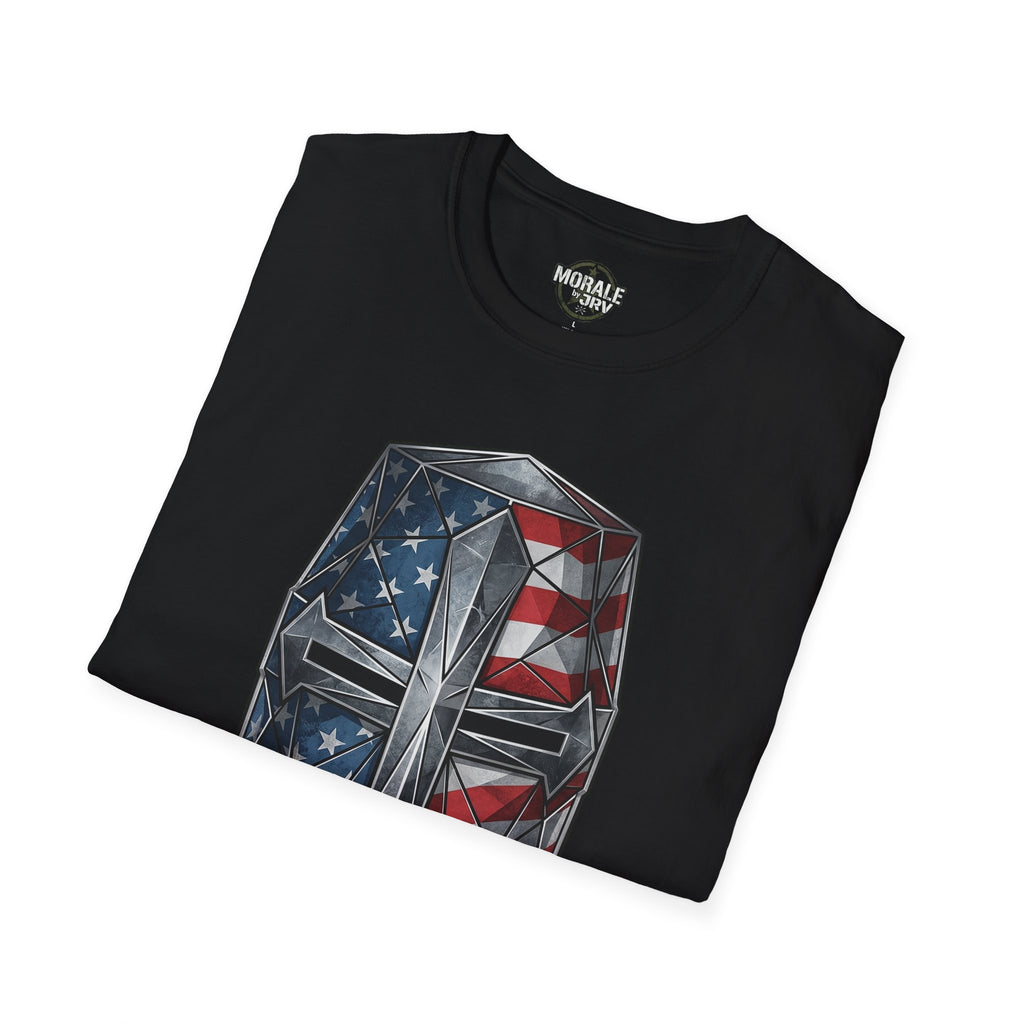 Black T-shirt with geometric American flag helmet graphic on front