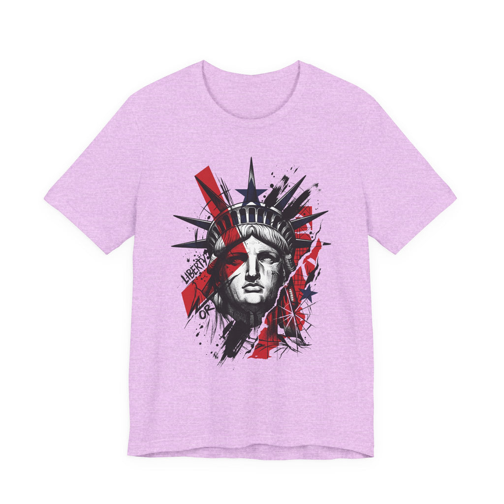 Lilac graphic T-shirt with Statue of Liberty head illustration in red and black