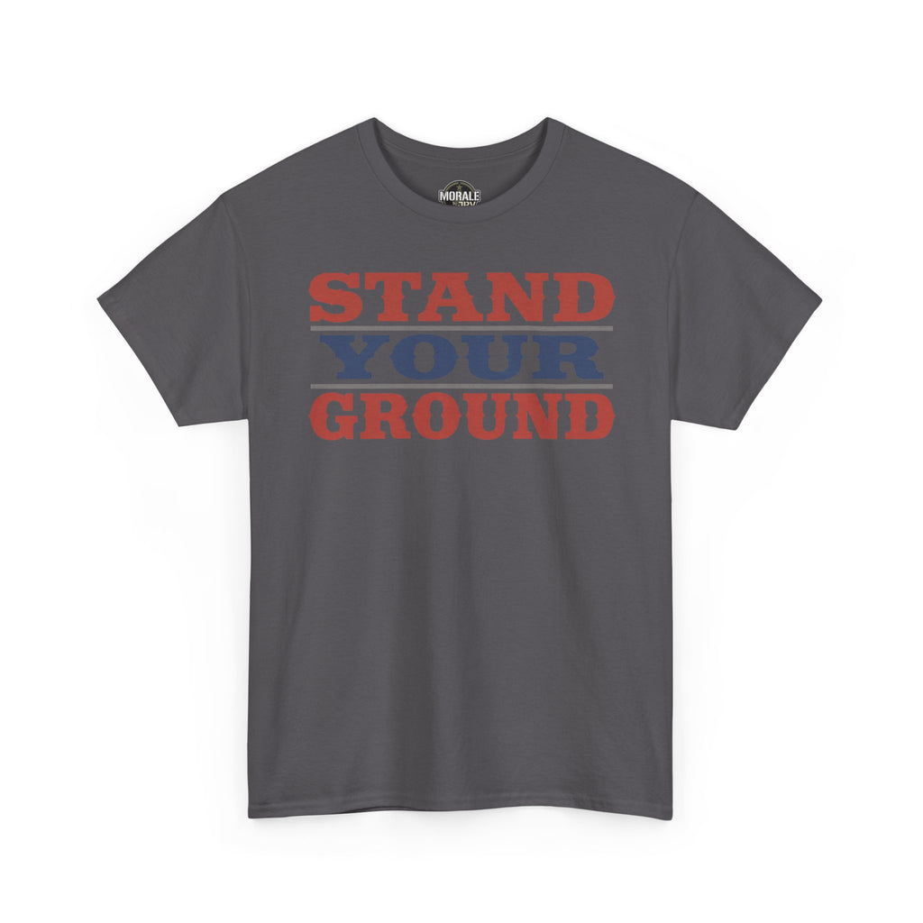 Charcoal T-shirt with bold vintage “STAND YOUR GROUND” text graphic on front