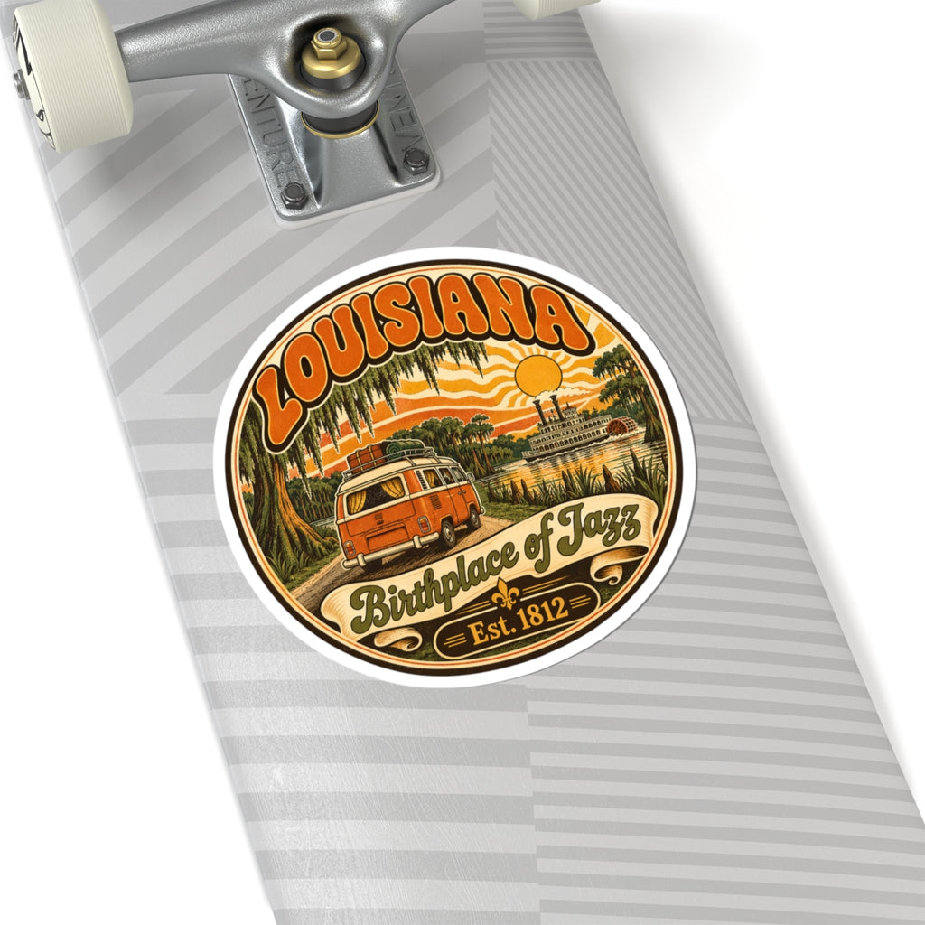 Round Louisiana Birthplace of Jazz sticker with orange van, palms, sun, and Est. 1812