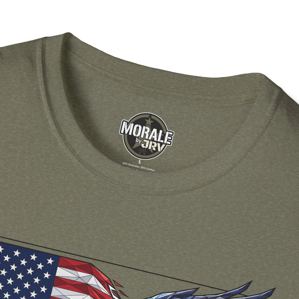 Olive T-shirt neckline with small chest logo; top of patriotic graphic at hem
