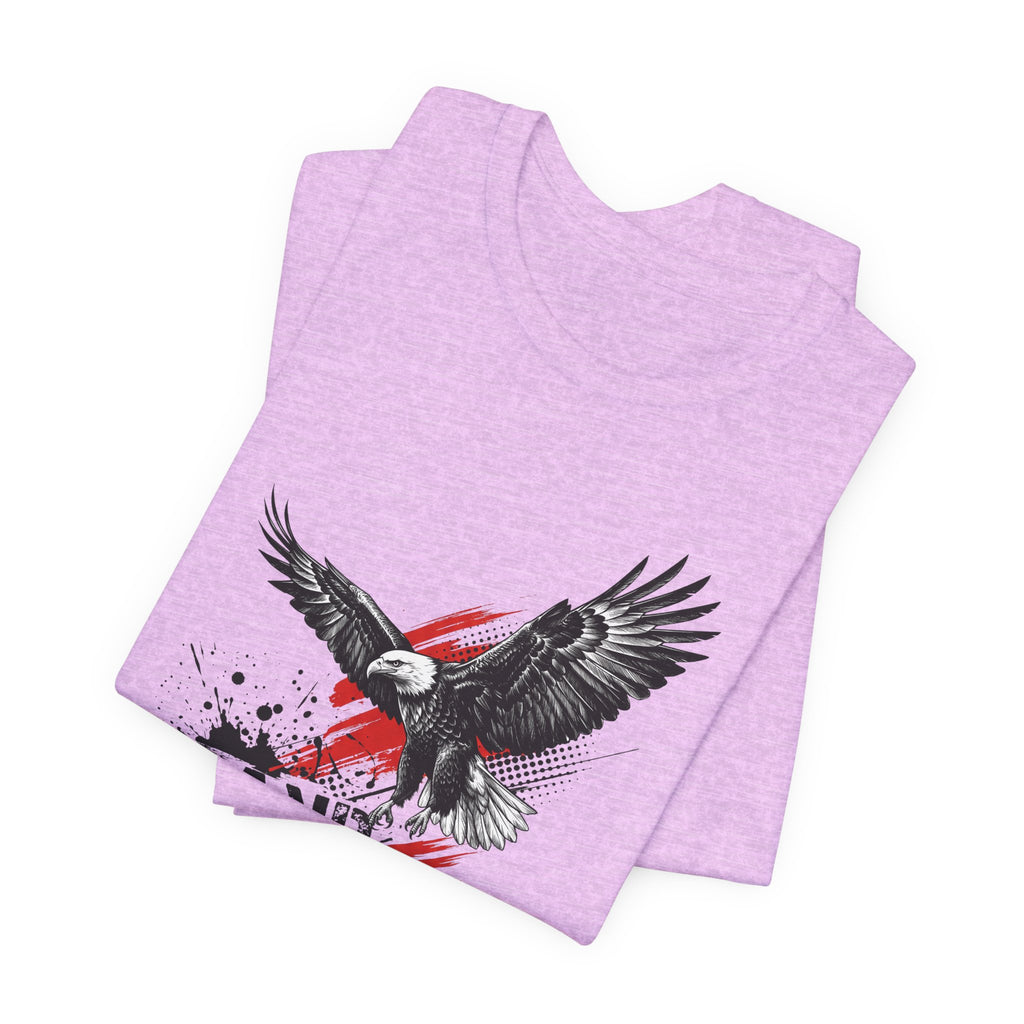 Mauve T-shirt with eagle graphic and red-striped 'LAND OF THE FREE' distressed print