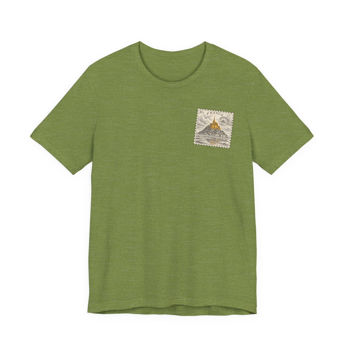 Green T-shirt with small vintage postage stamp graphic on left chest.