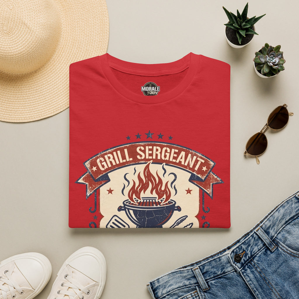 Red dad grill graphic t-shirt with “Grill Sergeant” banner and flames over grill