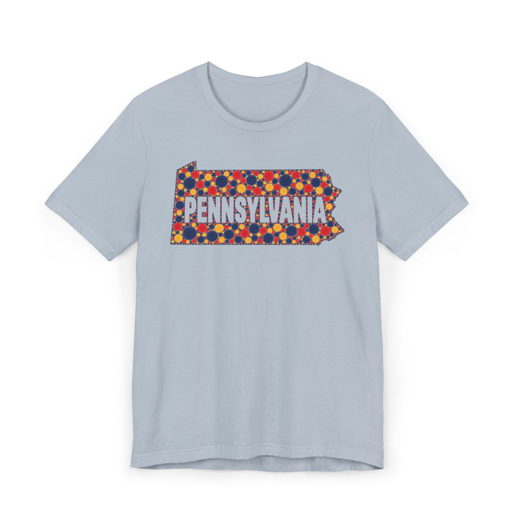 Light blue crewneck T-shirt with colorful Pennsylvania graphic print