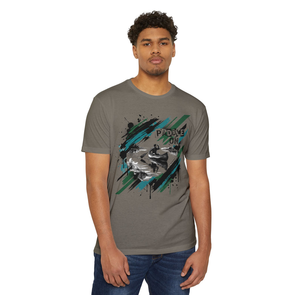 Gray crewneck T-shirt with kayak paddle graphic and 'PADDLE ON' text front.