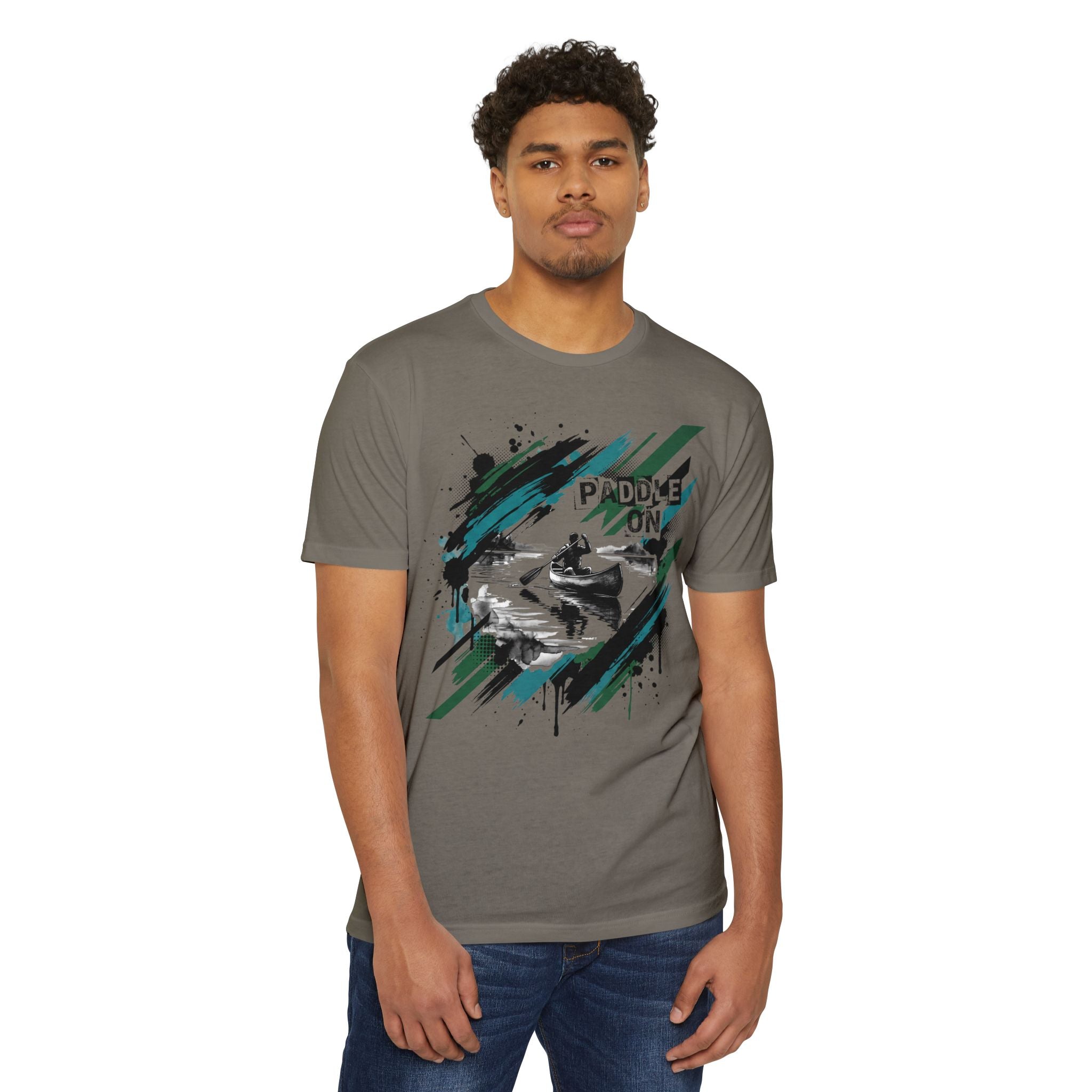 Gray crewneck T-shirt with kayak paddle graphic and 'PADDLE ON' text front.