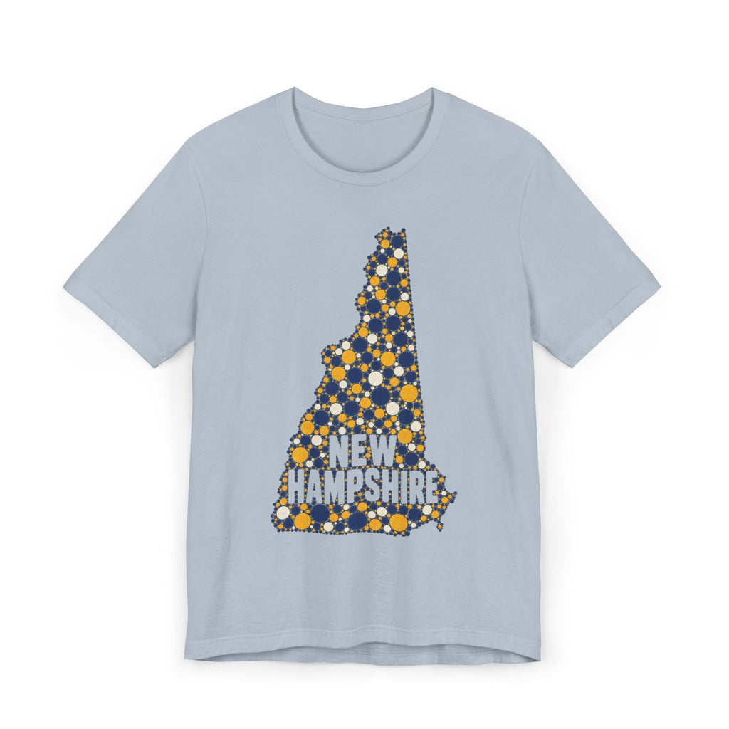 Light periwinkle New Hampshire graphic T-shirt with floral dotted state outline and “NEW HAMPSHIRE” text