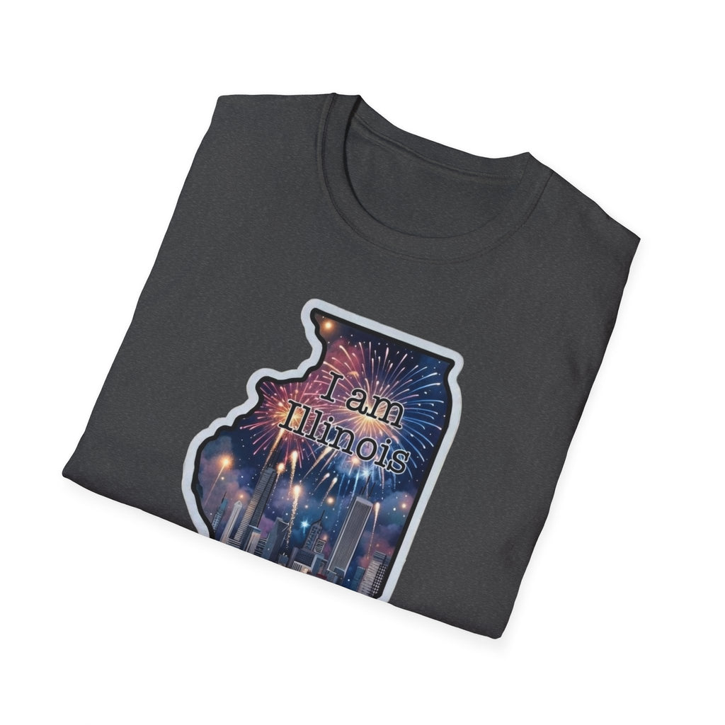 Illinois state map skyline T-shirt, dark gray with “I am Illinois” fireworks graphic