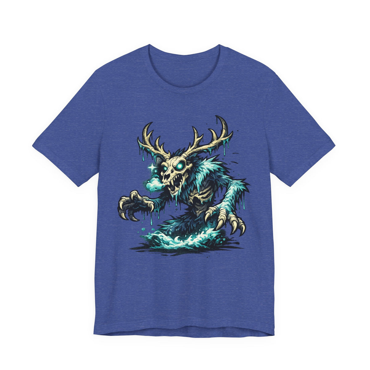 Navy crewneck t-shirt with teal glow deer skull monster graphic