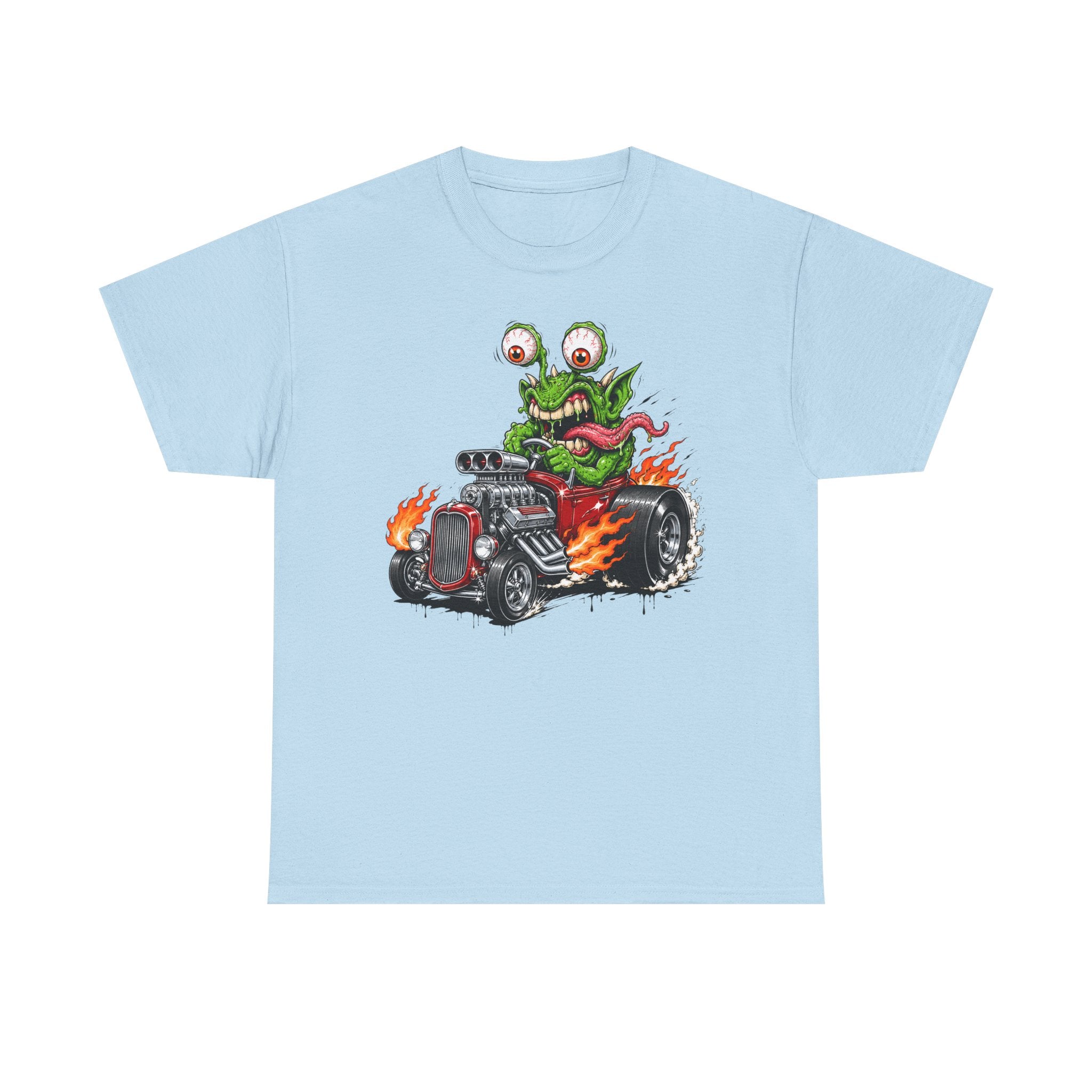 Monster hot rod graphic tee in light blue, front monster driving hot rod with flames
