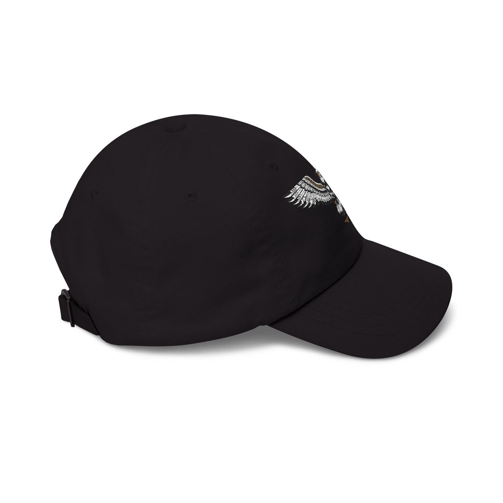 Black baseball cap with embroidered eagle on the side and curved brim