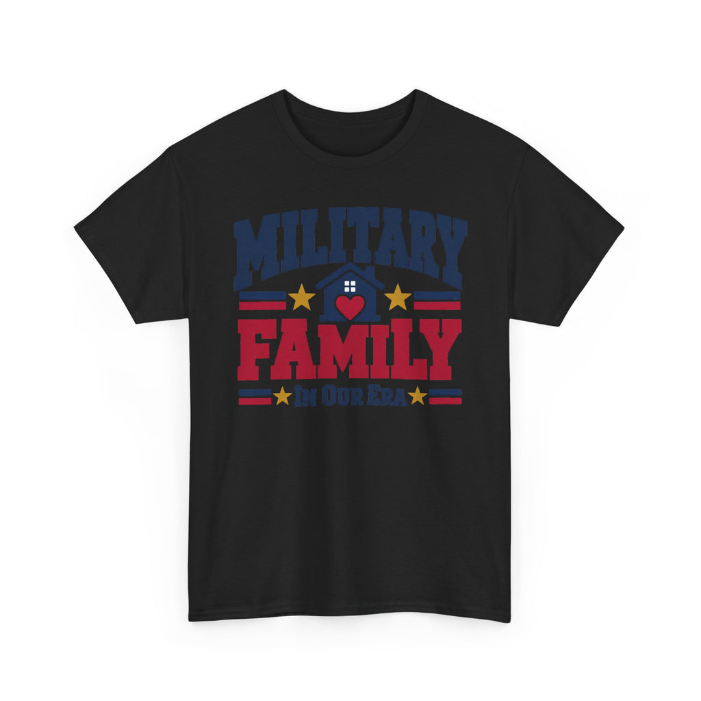 Unisex black T-shirt with centered “Military Family” patriotic heart graphic
