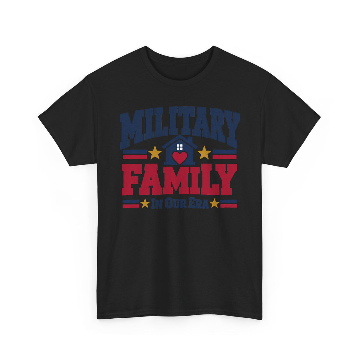 Unisex black T-shirt with centered “Military Family” patriotic heart graphic