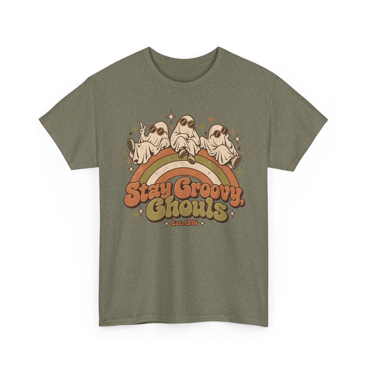Stay Groovy Ghouls T-Shirt, Retro Rainbow Ghosts in Sunglasses Halloween Shirt for Women and Men, Cute 70s Spooky Tee