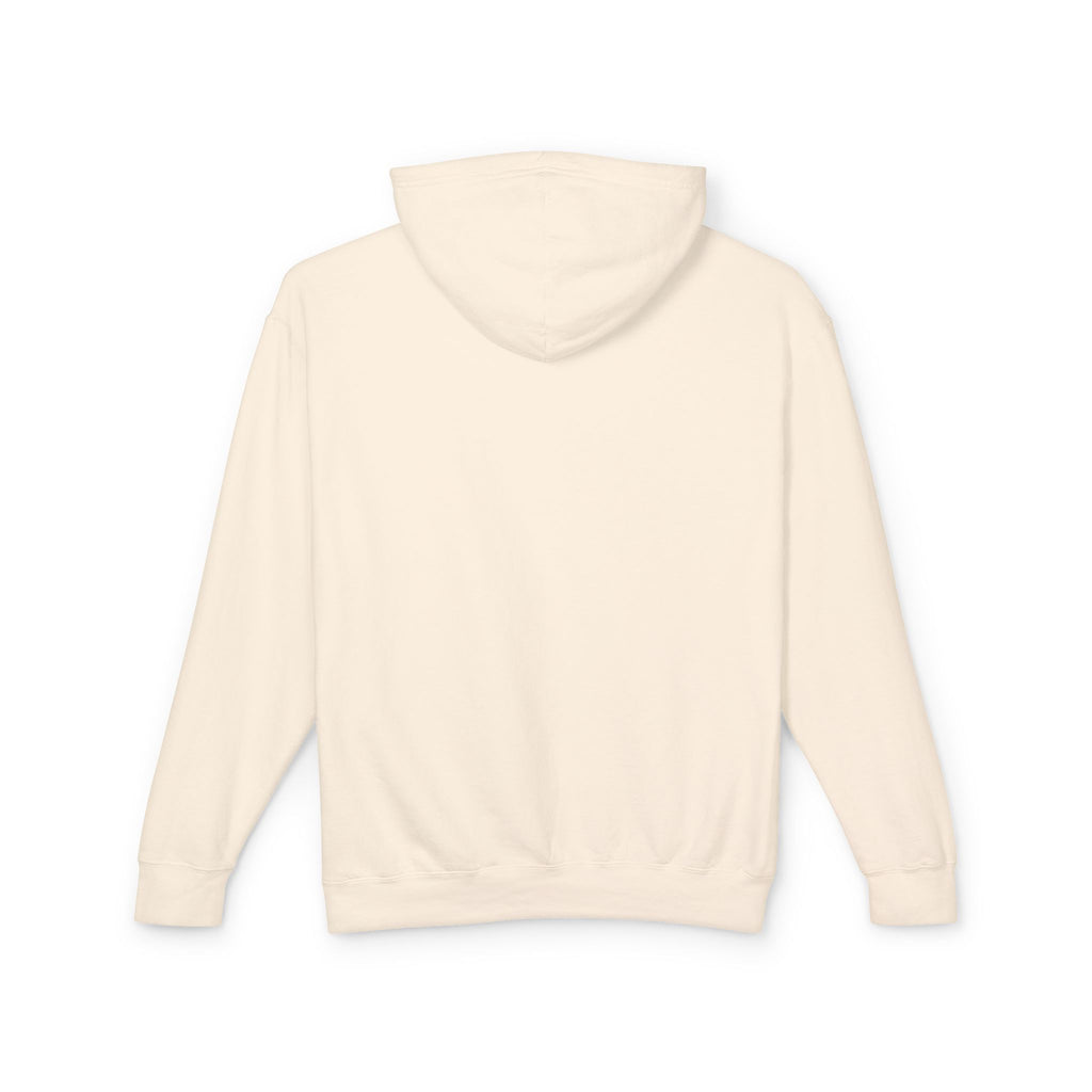 Ivory pullover hoodie with hood, front pouch pocket, long sleeves