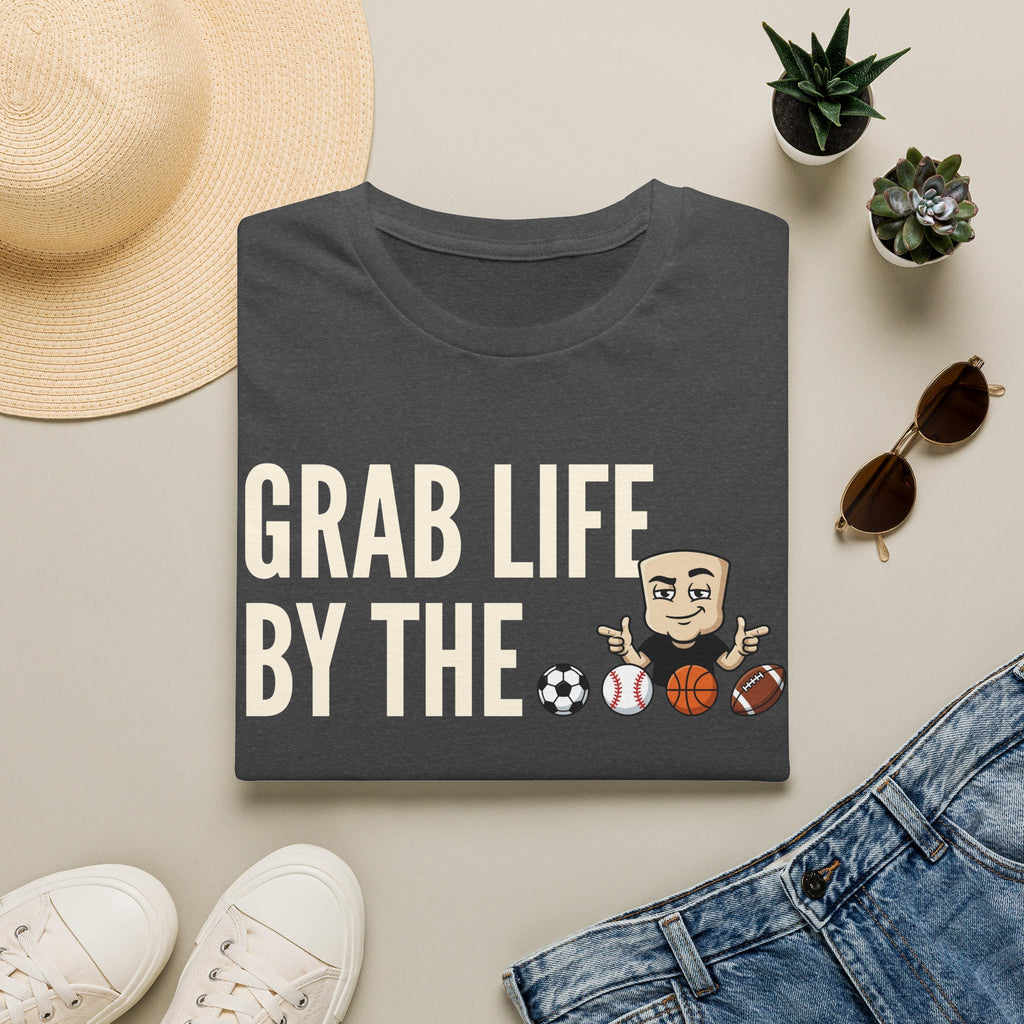 Charcoal T-shirt with “GRAB LIFE BY THE” sports ball graphic and cartoon coach