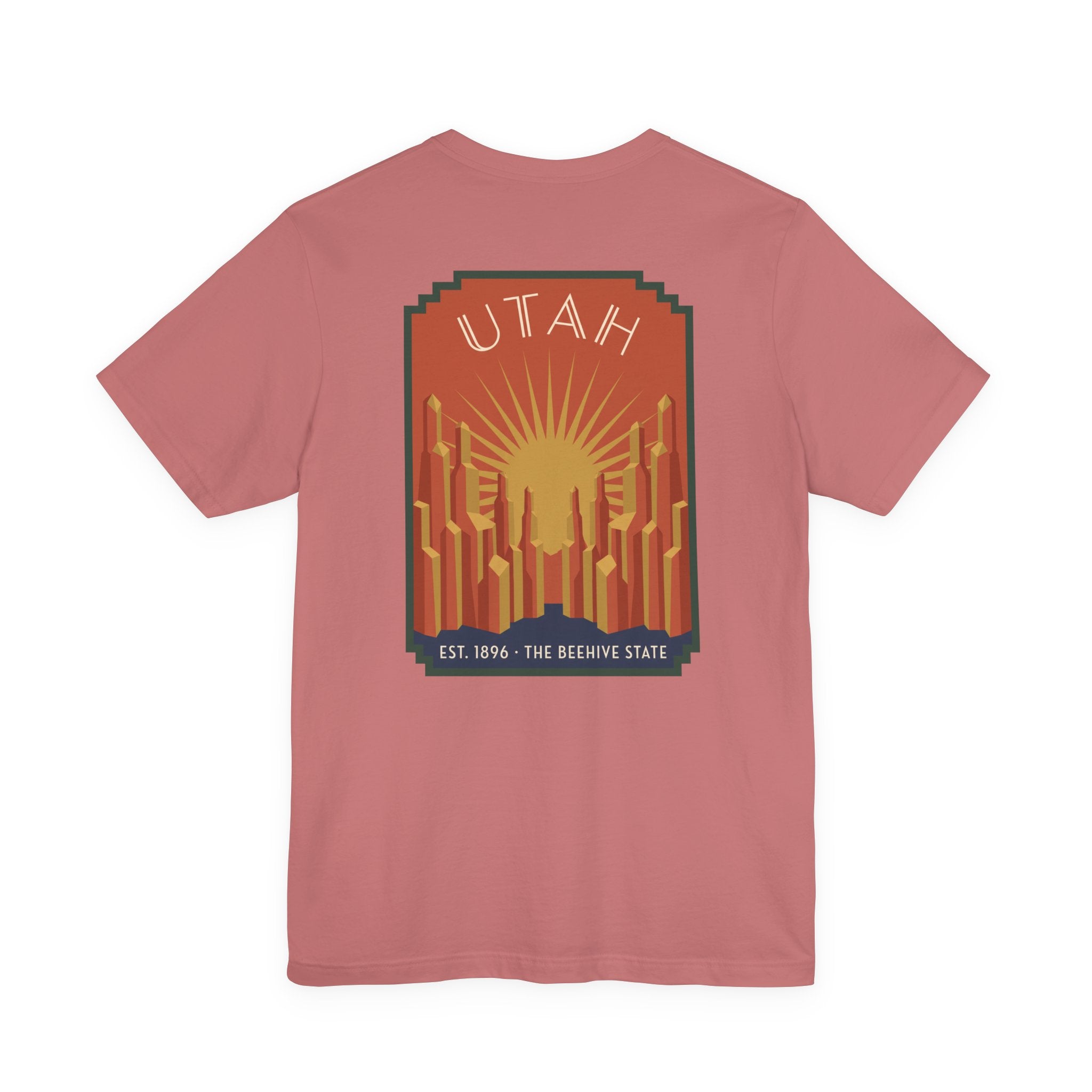 Dusty rose T-shirt with Utah sunrise art deco square graphic, UTAH text and skyline