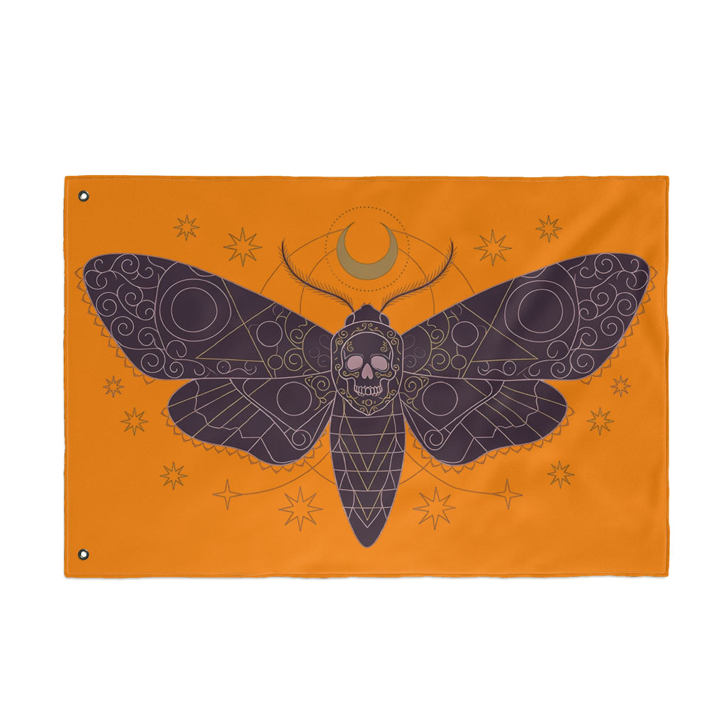 Orange moth skull flag with purple wing graphic and centered skull, secured by grommets.