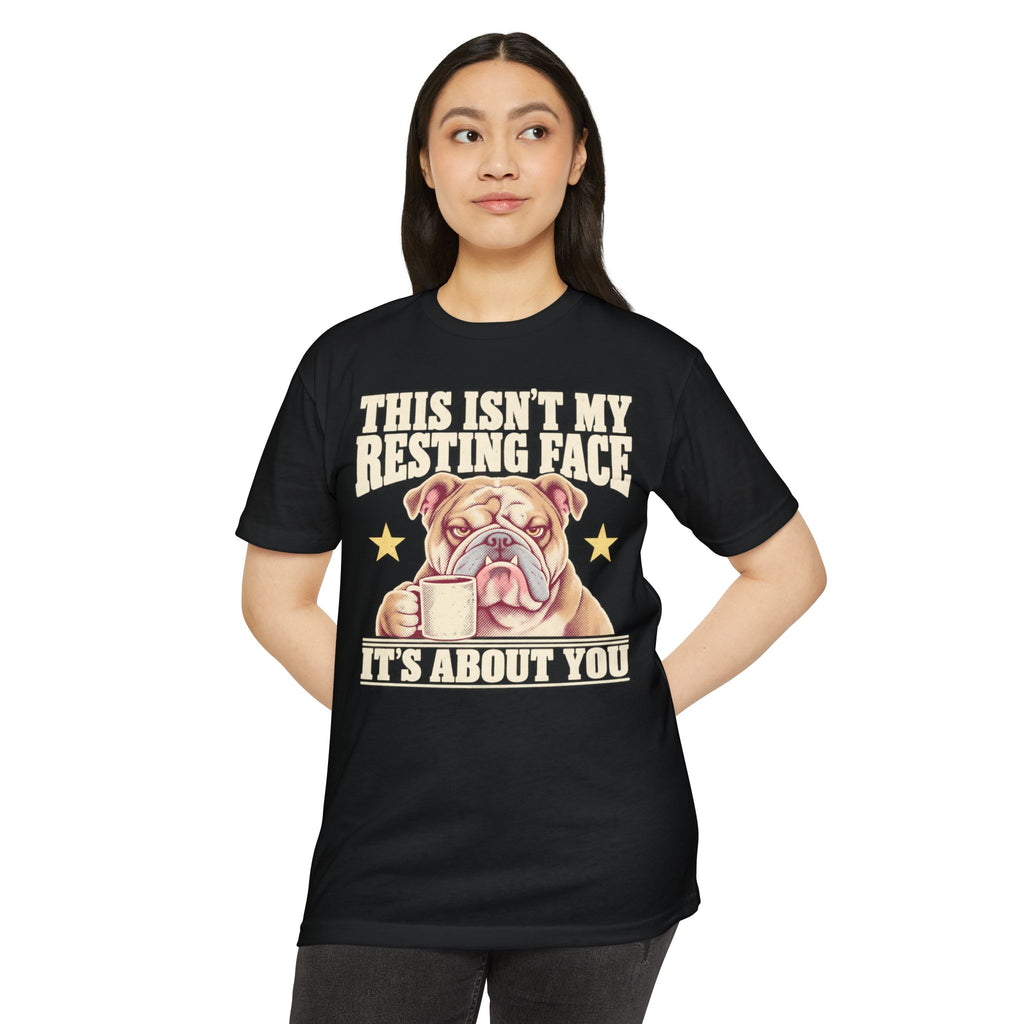 Black crewneck t-shirt with grumpy bulldog graphic and “It’s about you” text
