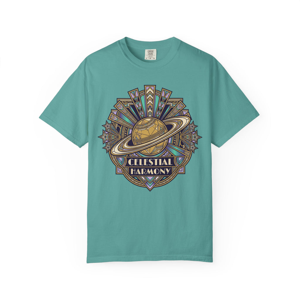 Teal crewneck T-shirt with Saturn-like celestial graphic on the chest
