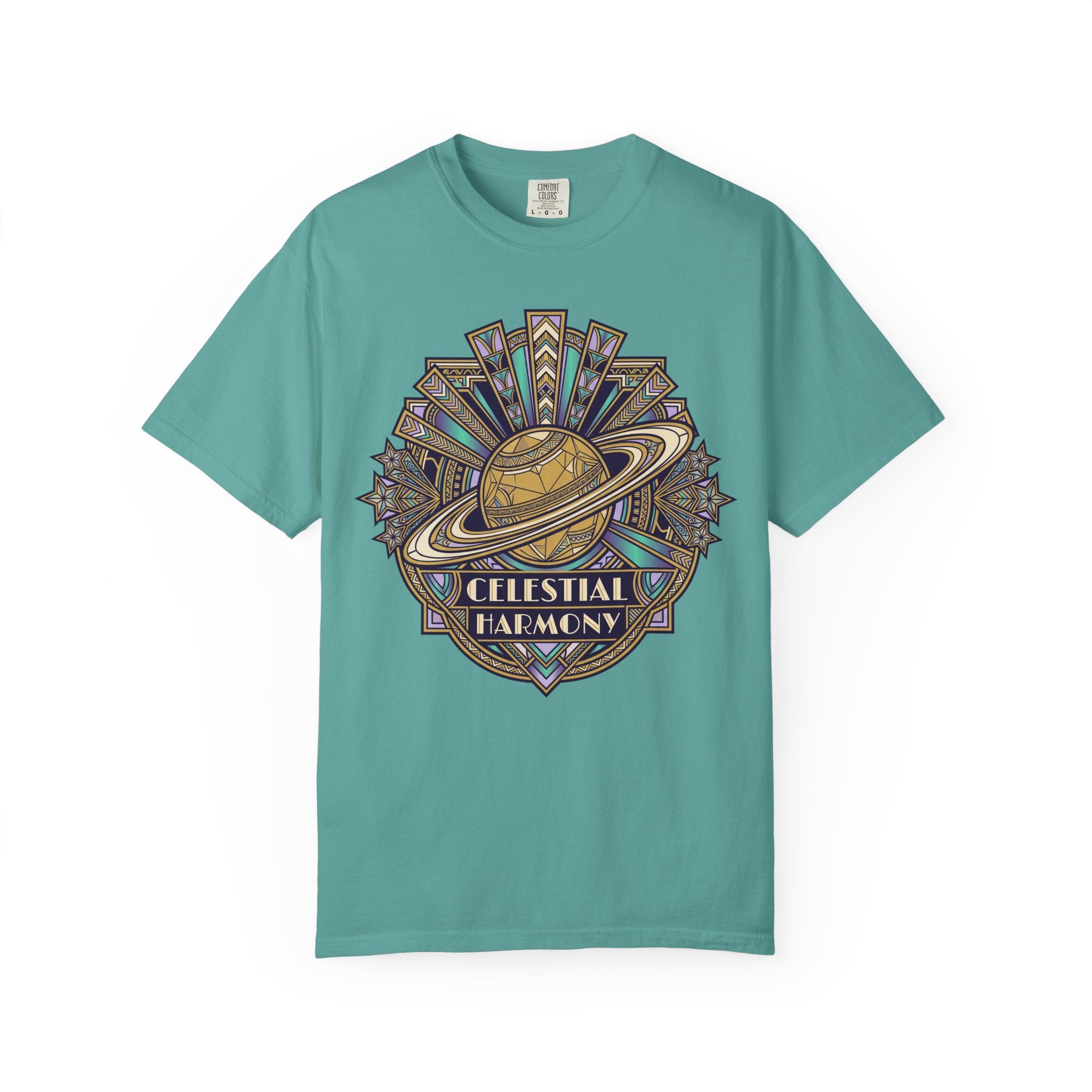 Teal crewneck T-shirt with Saturn-like celestial graphic on the chest