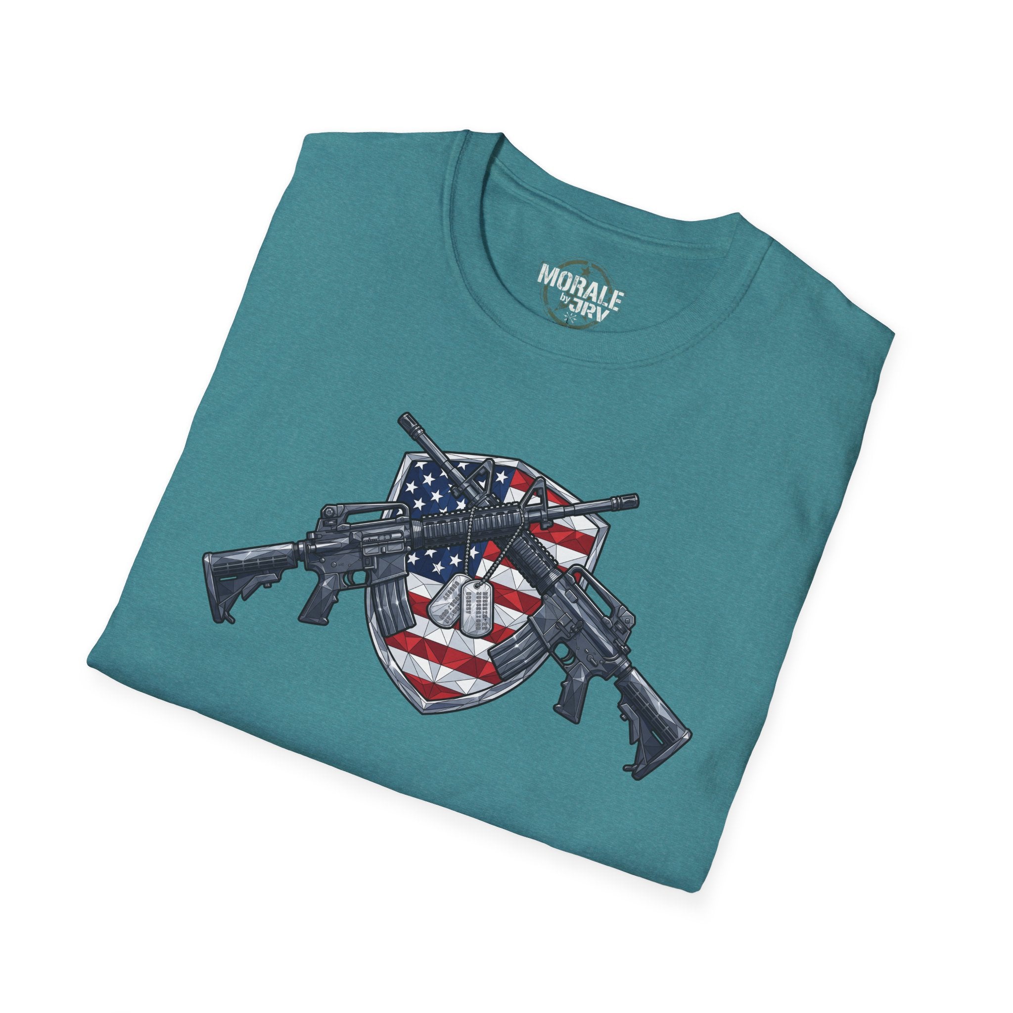 Blue-green T-shirt folded view with shield flag and rifles front graphic