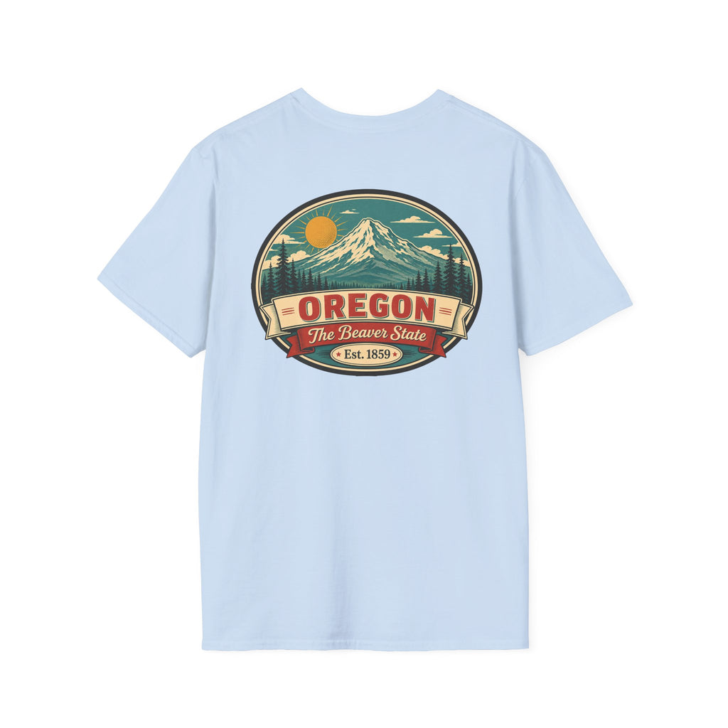 Oregon mountain graphic T-shirt, light blue crew neck with circular Beaver State logo