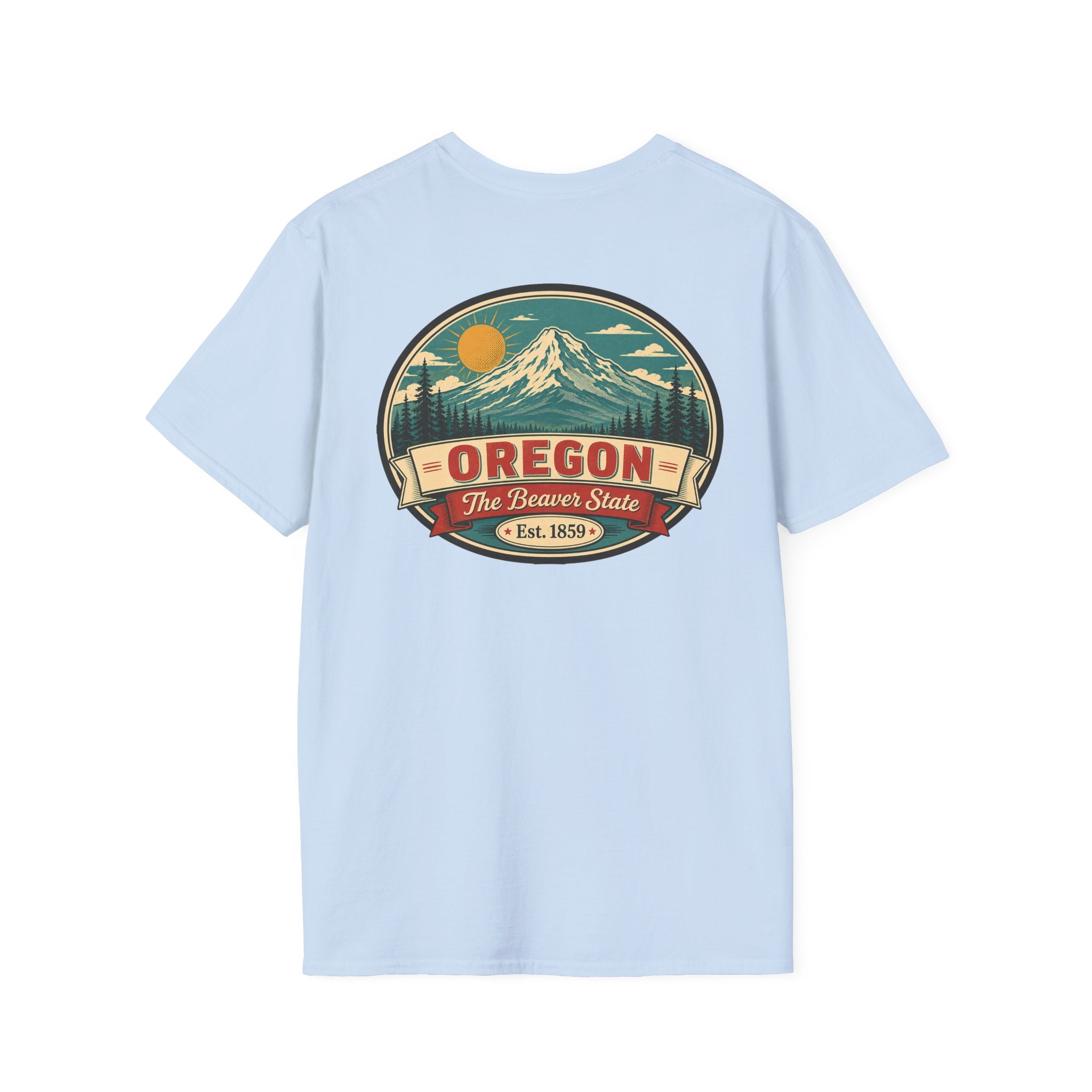 Oregon mountain graphic T-shirt, light blue crew neck with circular Beaver State logo