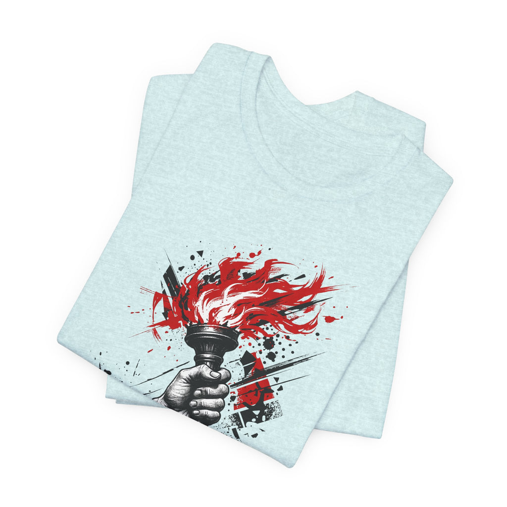 Light blue crewneck T-shirt with red flame torch graphic on front.