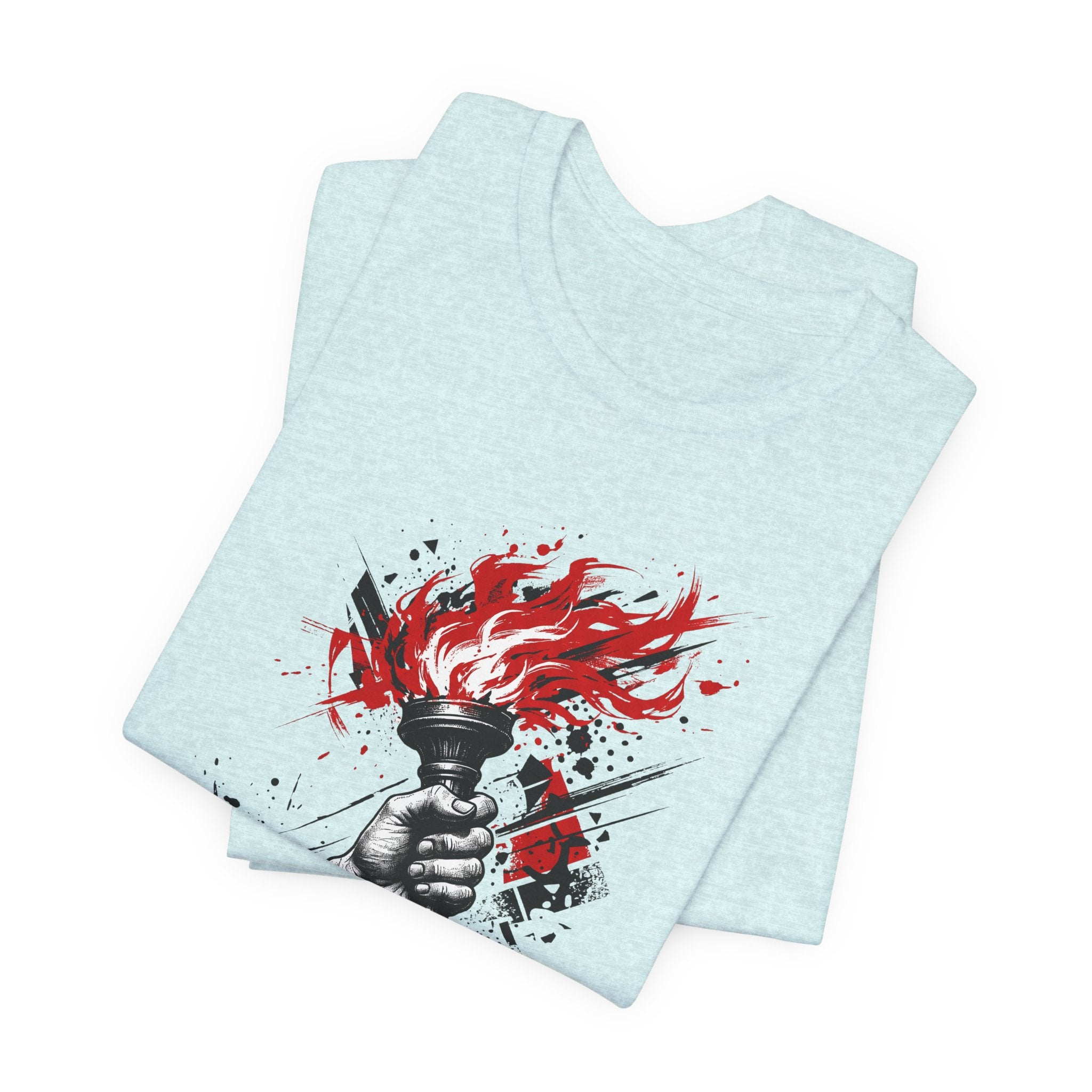 Light blue crewneck T-shirt with red flame torch graphic on front.