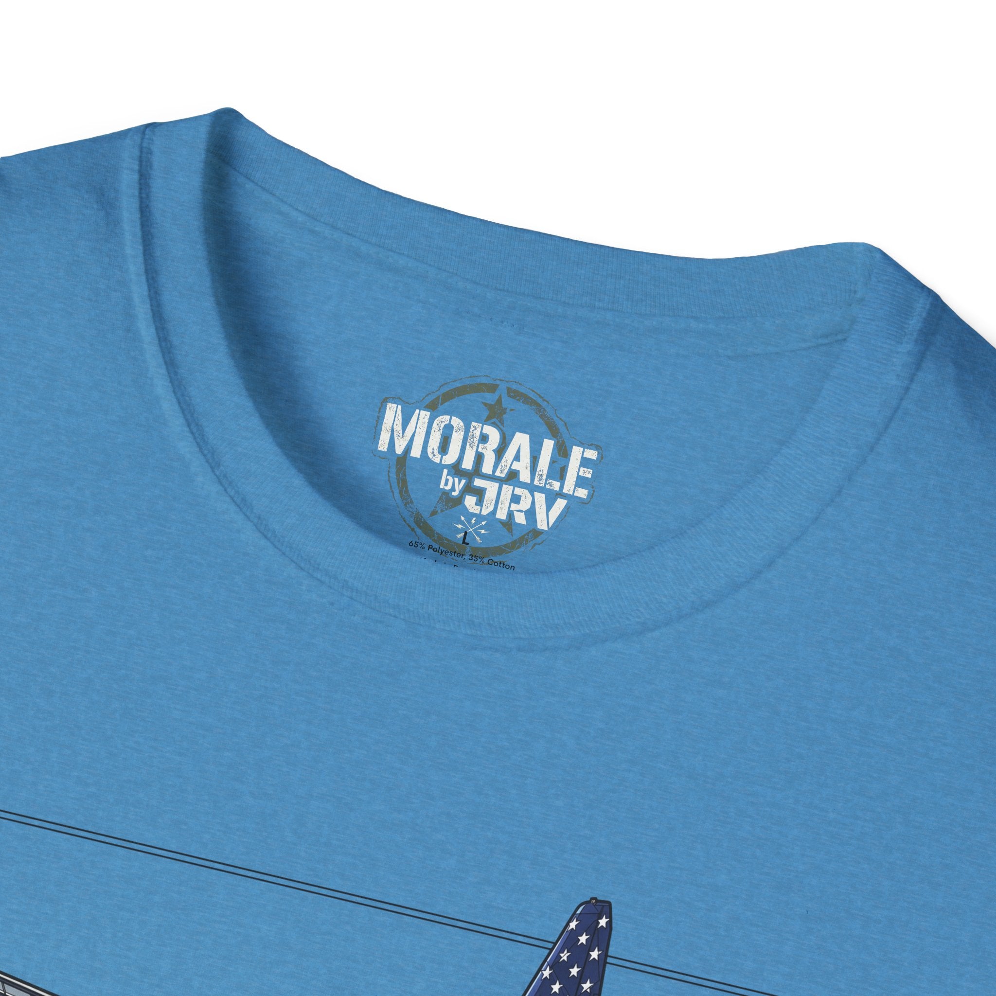 C-130 Hercules T-Shirt collar logo print on light blue fabric
