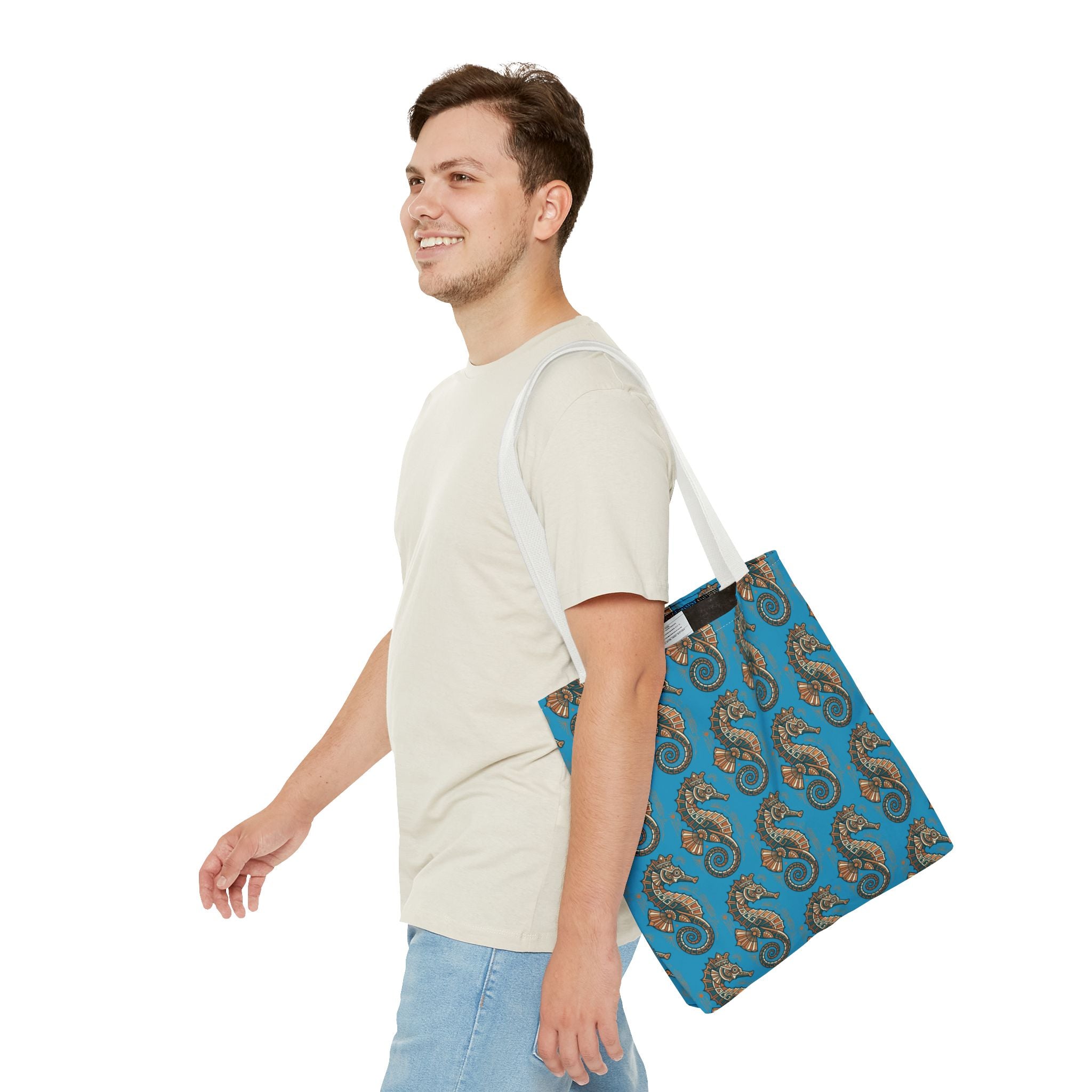 Seahorse pattern tote bag in blue with steampunk seahorses; white handles
