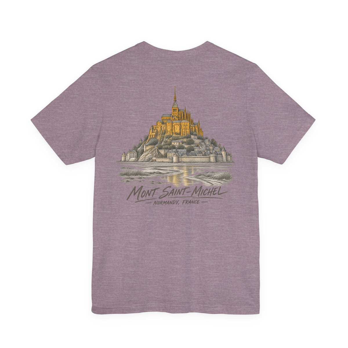 Heather mauve short-sleeve t-shirt with large Mont Saint-Michel illustration and script logo.