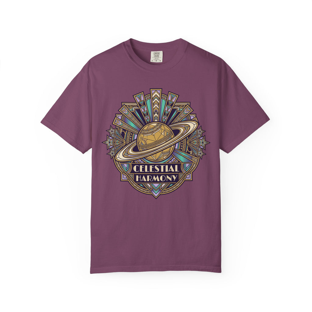 Berry T-shirt with Celestial Harmony planet and starburst graphic on front