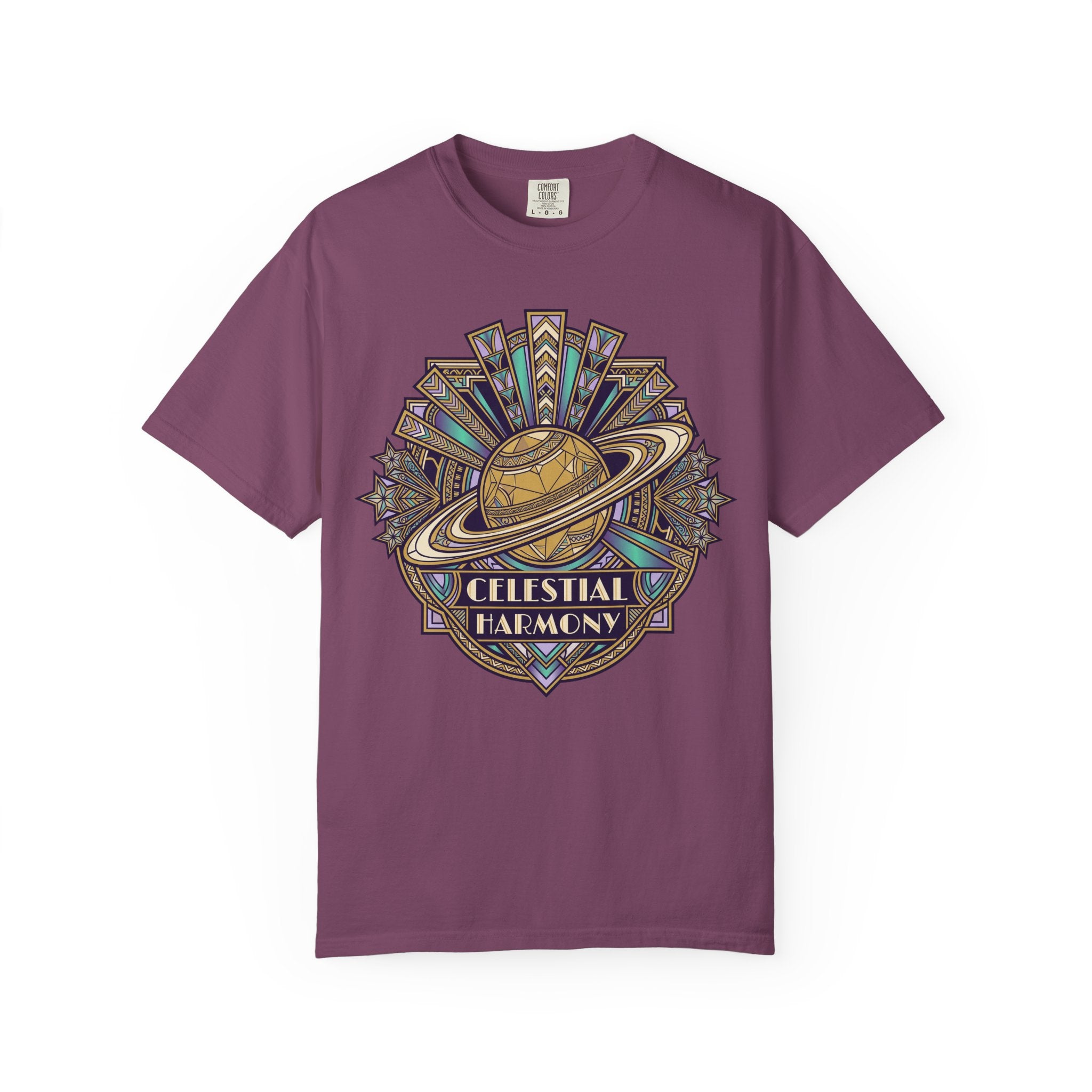 Berry T-shirt with Celestial Harmony planet and starburst graphic on front