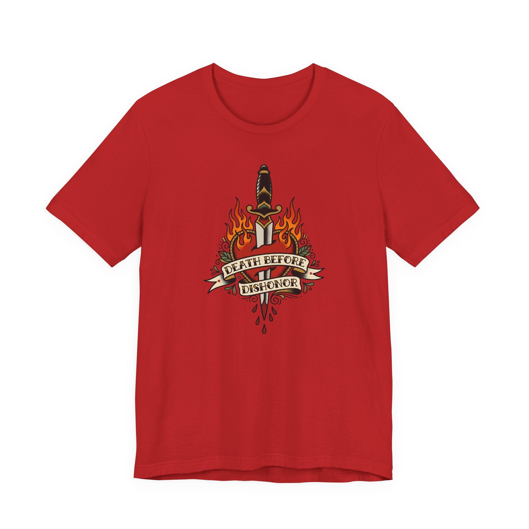 Red T-shirt with flaming dagger and banner graphic at center front