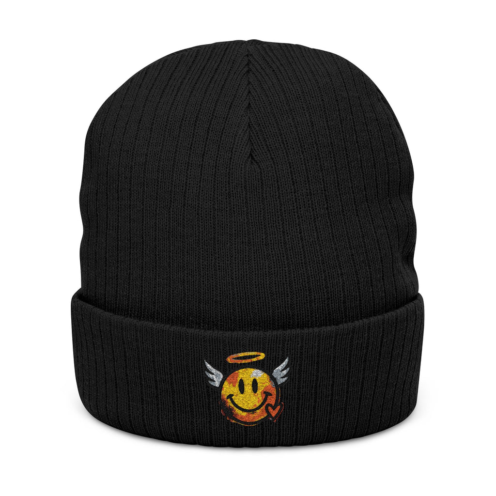 Schwarze Strickmütze mit besticktem Winged-Halo-Smiley am Rippbund