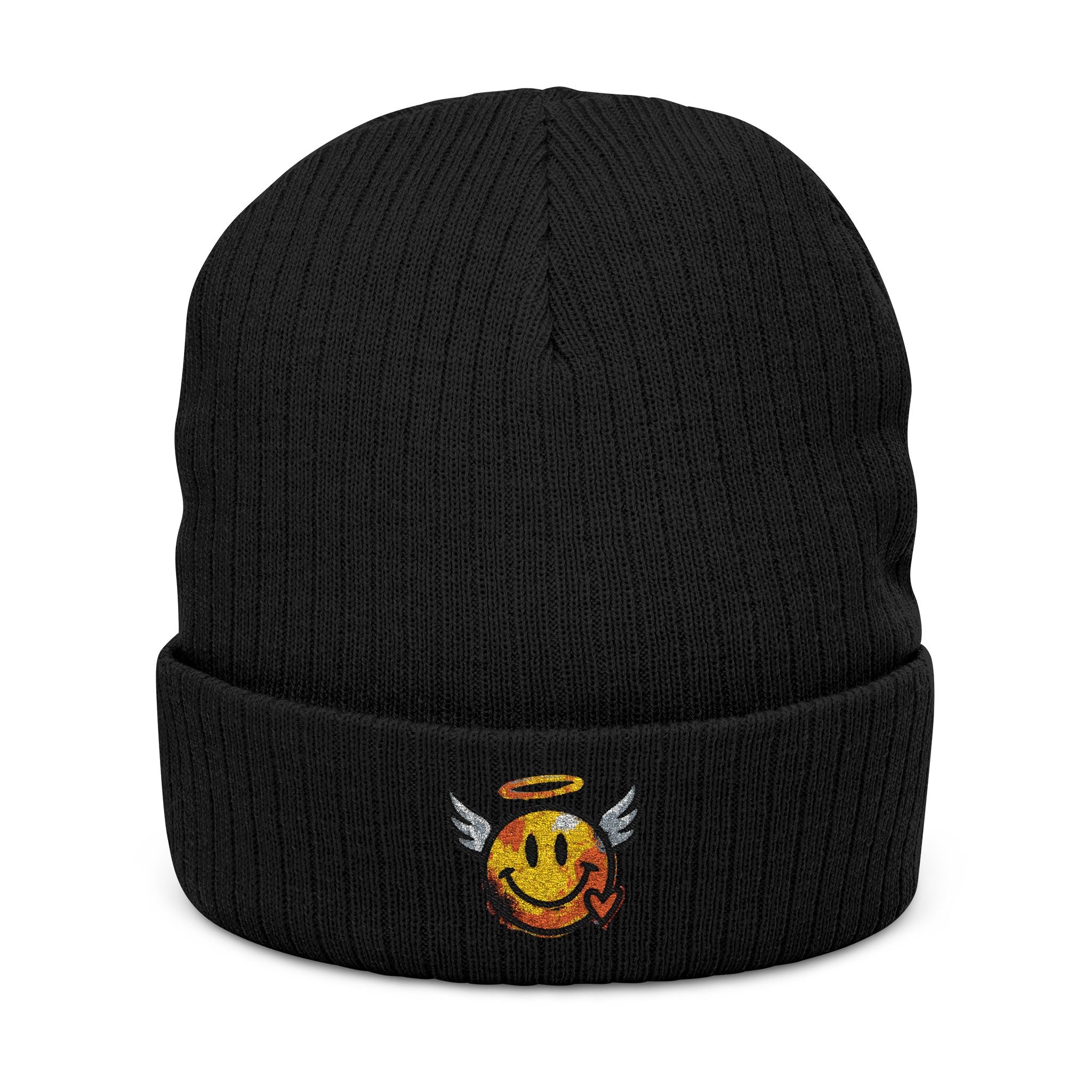 Schwarze Strickmütze mit besticktem Winged-Halo-Smiley am Rippbund