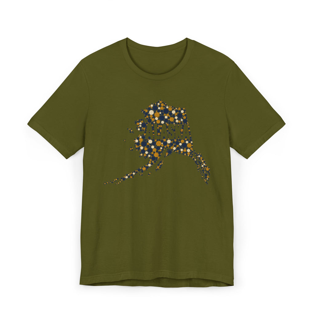 Dark olive green Alaska state outline graphic T-shirt with dotted map and “Alaska” text