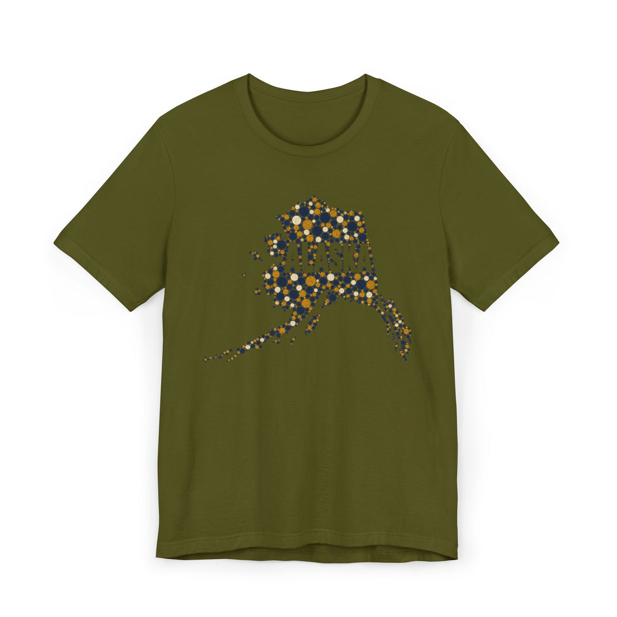 Dark olive green Alaska state outline graphic T-shirt with dotted map and “Alaska” text