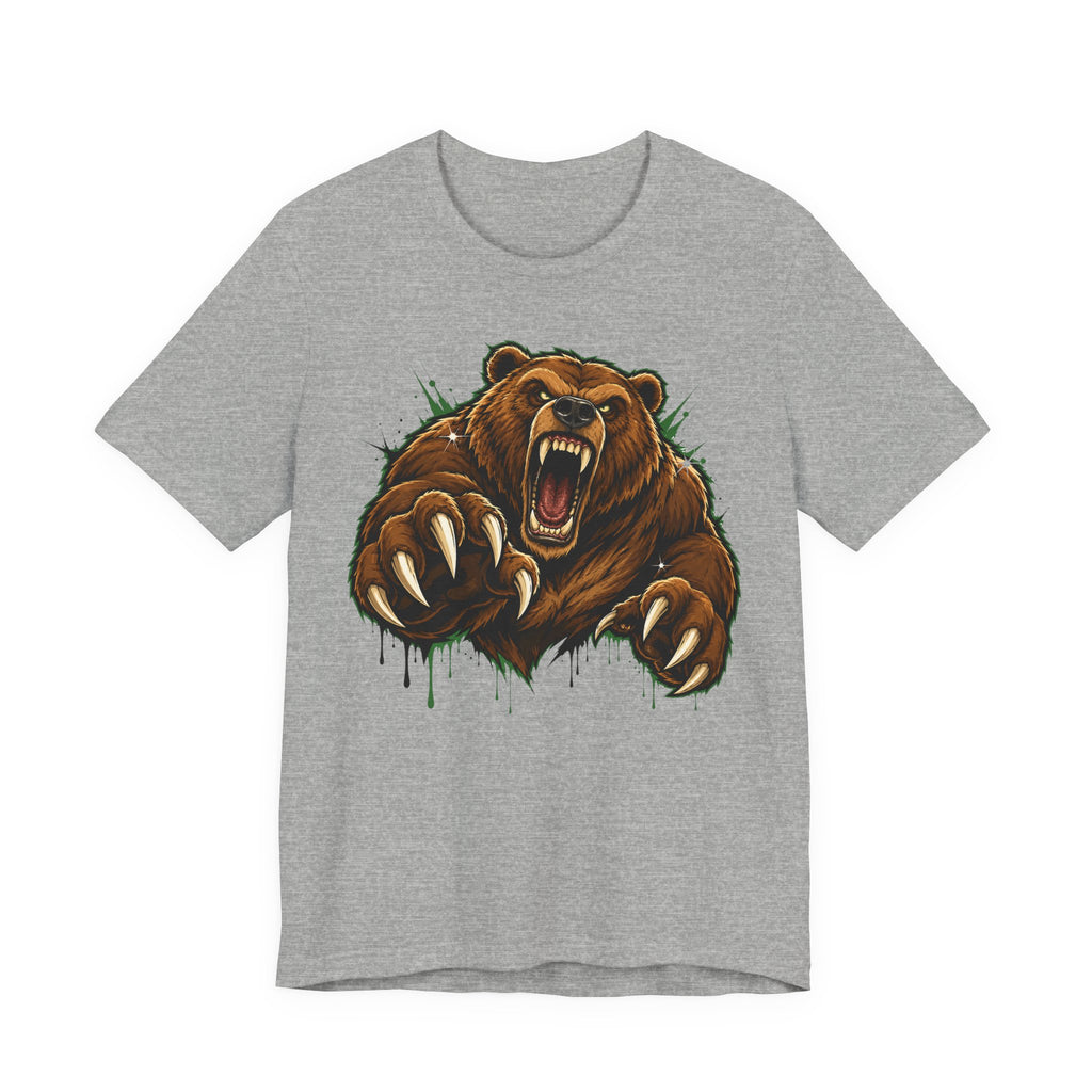 Gray unisex tee with roaring grizzly bear graphic and claw splash detail